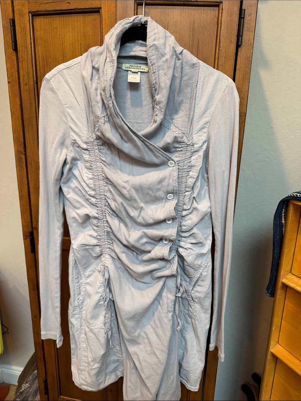 Prairie Underground Light Gray Ruched Button Front Tunic Cardigan